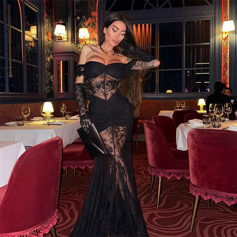 Sexy Durchsichtiges Langes Kleid Aus Spitze, Elegantes Aushöhlen, Rückenfrei, Bedrucktes Partykleid Mit Hoher Taille, Einfarbiges Maxikleid Für Damen