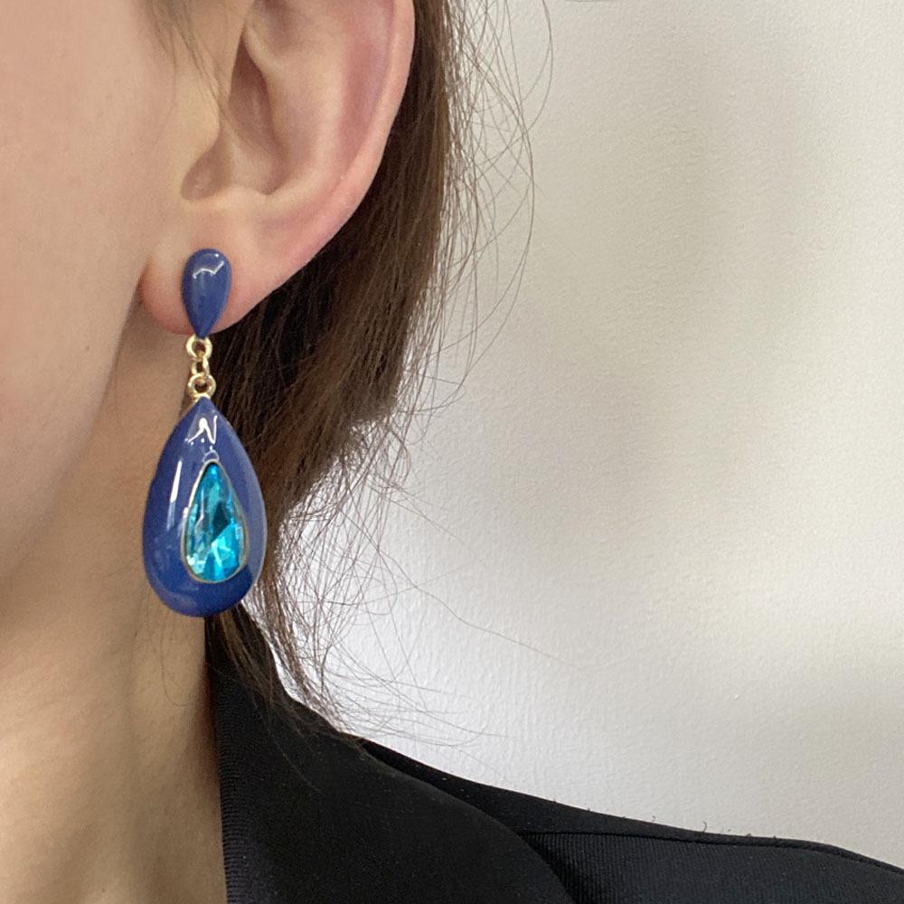 

Retro Hong Kong-Style Rhinestone Teardrop Earrings – Versatile, High-End Niche Design синий
