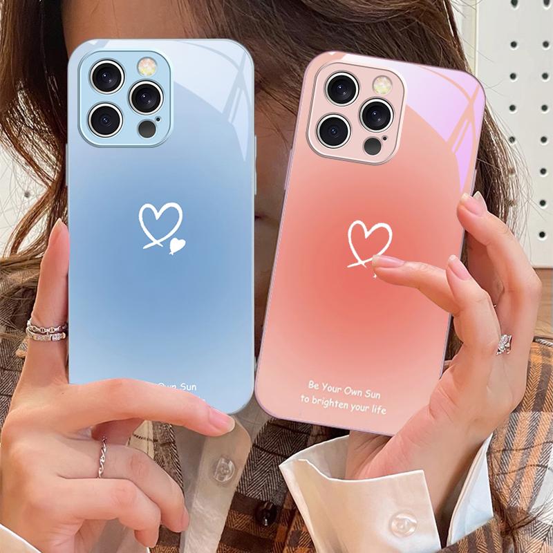 Farbverlauf Herzform Für iPhone 16 E 15 14 13 Plus 12 mini 11 Pro Max XR Xs Max 16E X 7 8 6 6S 22 Gehärtetes Glas Handyhülle