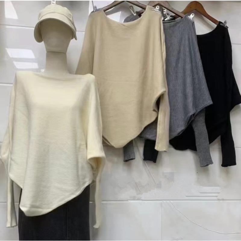 

Temperament bat sleeves irregular knitted sweater pullover women s autumn and winter loose lazy wind long sleeves one-word shoulder One size