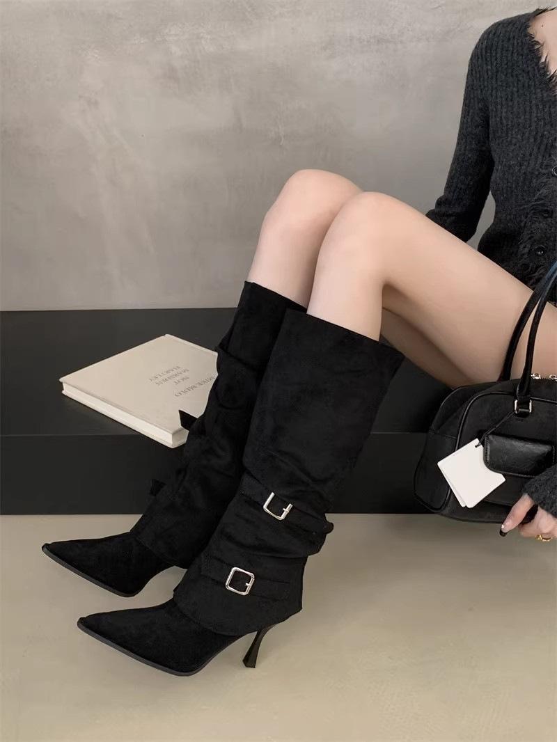 

2025 осень и зима новые удобные туфли на высоком каблуке с острым носком и тонким каблуком, женственные, облегающие, длинные сапоги-ботфорты 40