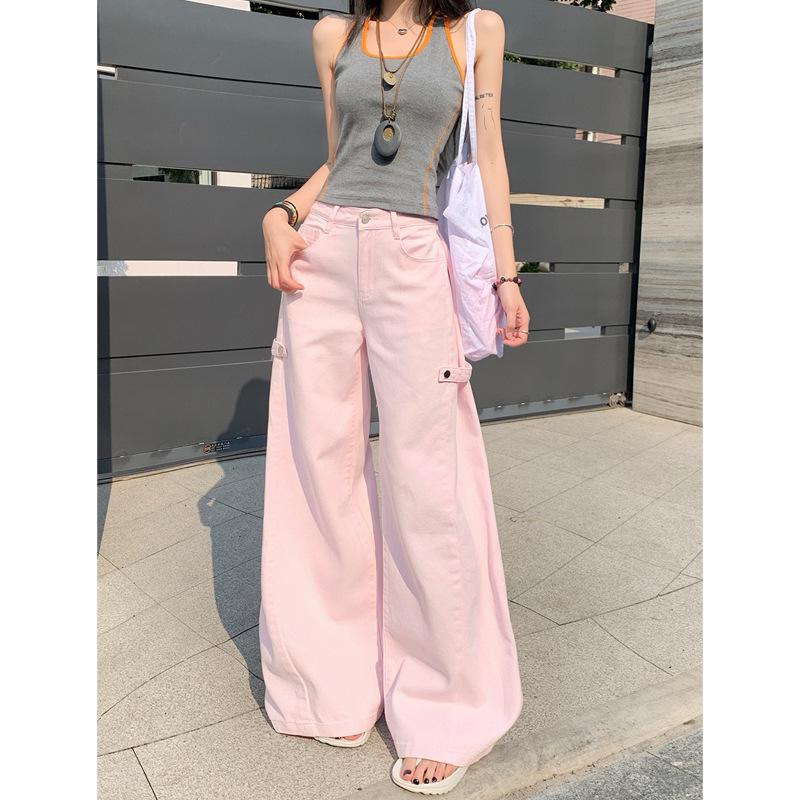 

Pink Wide-Leg High-Waisted Jeans for Women - Summer 2025 Floor-Length Straight Fit XS