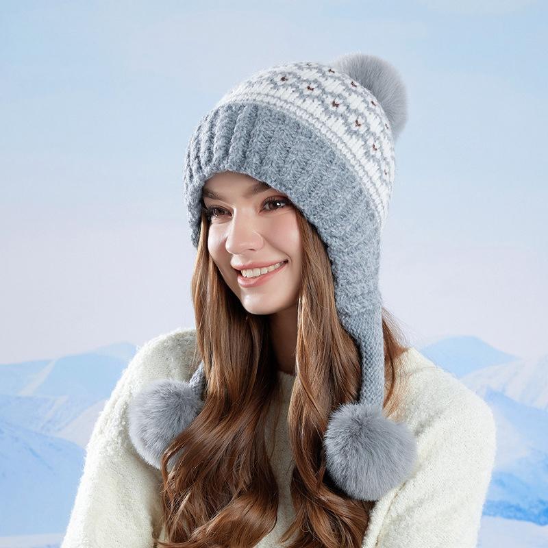 Fur Ball Ear Protection Knitted Hat Women Velvet Warm Wool Hat Big Head Cap