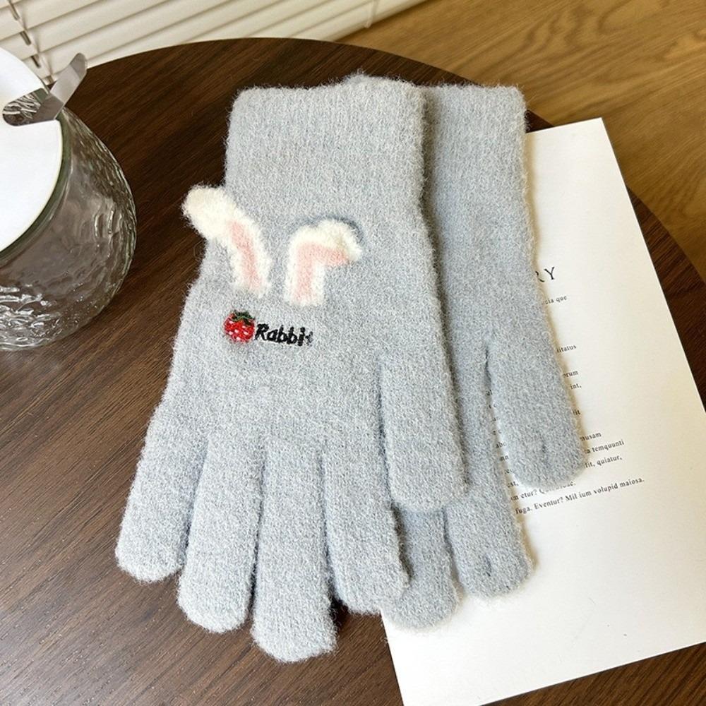 21cm x 8cm Strawberry Rabbit Winter Warm Gloves Embroidered Nylon Knitted Gloves Sdudent