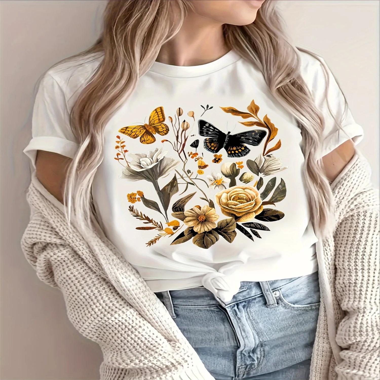 

Fashionable Womens Floral Butterfly Print T-Shirt - Lightweight & Breathable Short Sleeve Crew Neck Top - Stylish Casual Wear XXXXXL білий