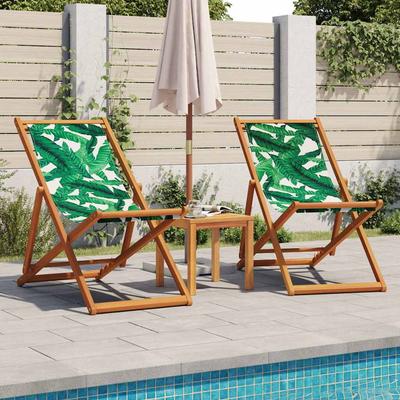 Folding Beach Chair with Leaf Pattern Solid Eucalyptus Wood Frame and Fabric