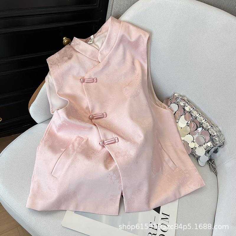 Pink dark pattern jacquard slanted vest women's 2025 early spring new temperament sweet vest