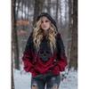 Damen Kapuzenpullover Langarm Oversized Pullover Gothic 3D Totenkopf Aufdruck Streetwear Warmer Strickpullover