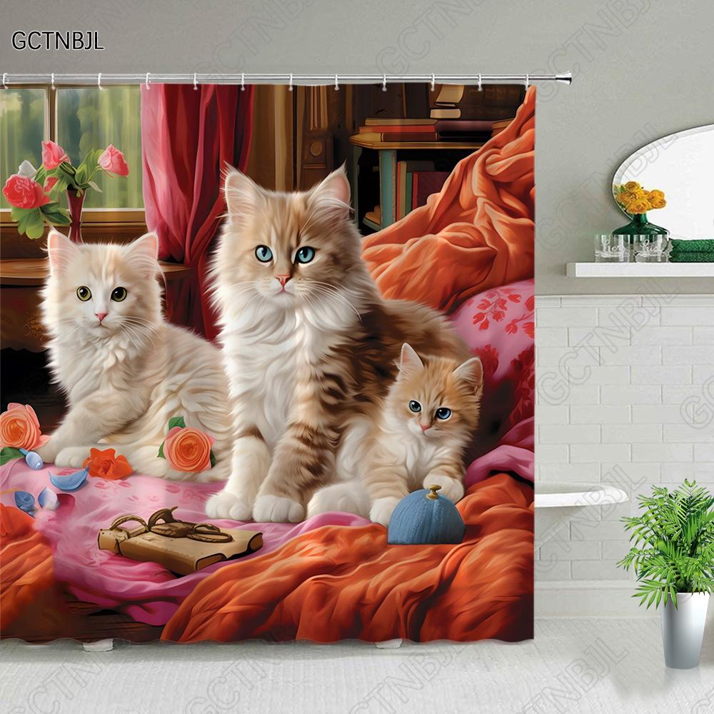 Cat Dog Cow Shower Curtain Set Cute Animal Bathroom Curtains Fabric Christmas Home Bathroom Decor Bathroom Accessories Set