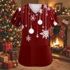 Women's Christmas Print V-Neck Short-Sleeve Work Top with Pockets and Side Slits