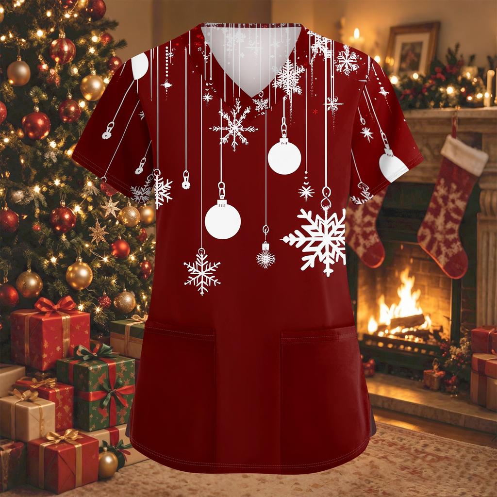 Women's Christmas Print V-Neck Short-Sleeve Work Top with Pockets and Side Slits