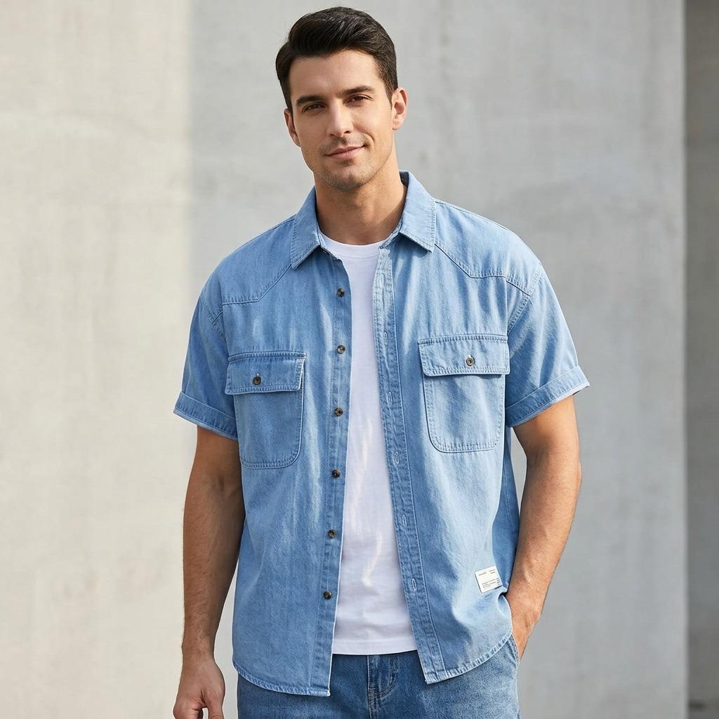 Summer New Vintage Artistic Men'S Short-Sleeve Denim Shirt Solid Color Lapel Collar Loose Casual Versatile Shirt