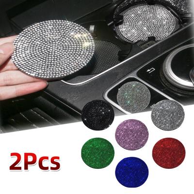 2Pcs Diamond Car Coaster Water Cup Slot Non-Slip Mat Bling Gadget Silica Pad Cup Holder Mat Auto Interior Decoration Accessories