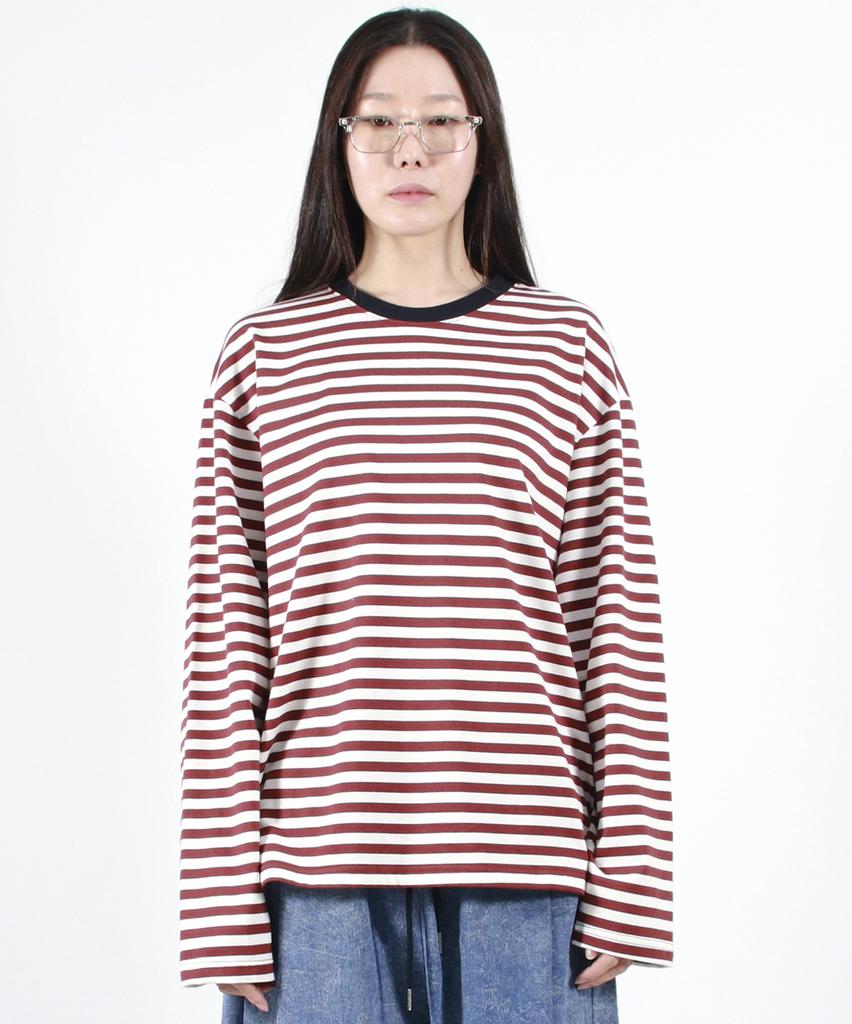 Deumakeu Stripe Loose-Fit Long Sleeve Tee - Burgundy