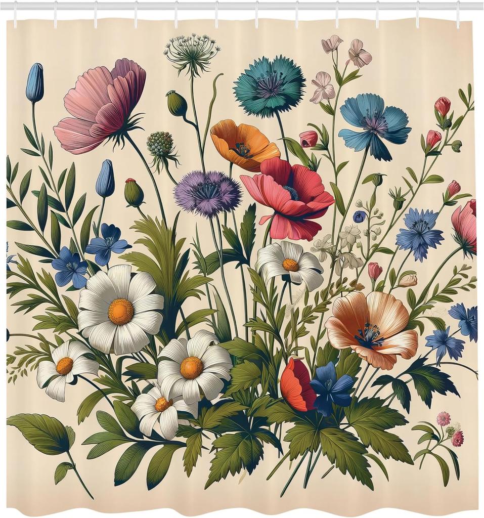 Floral Eucalyptus Shower Curtain, Colorful Blossomy Meadow Wild Flowers Botanical Themed, Cloth Fabric Bathroom Decor