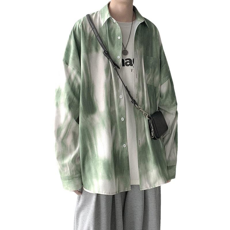 Men's Tie-Dye Long-Sleeve Floral Shirt - Trendy Hong Kong Style, Loose Fit, Casual Punk Fashion for Autumn