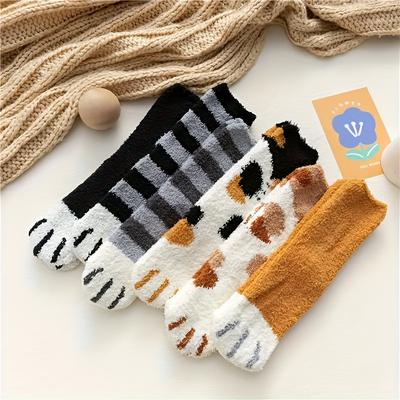 6 Pairs of Cartoon Cat Paw Socks, Comfortable and Warm Furry Socks