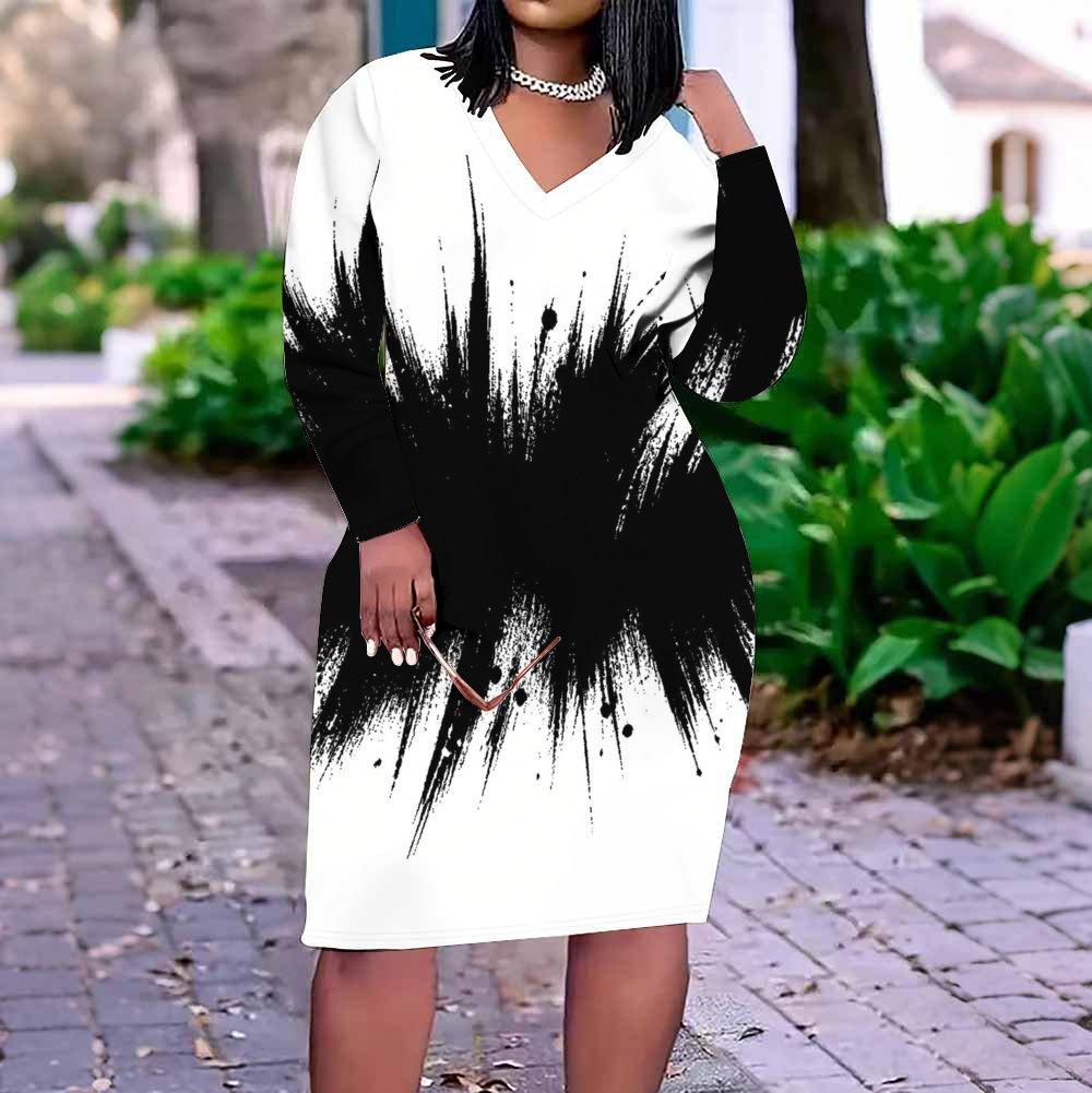 Women Plus Size V Neck Long Sleeve Black White Printed Fitted Straight Midi Dress
