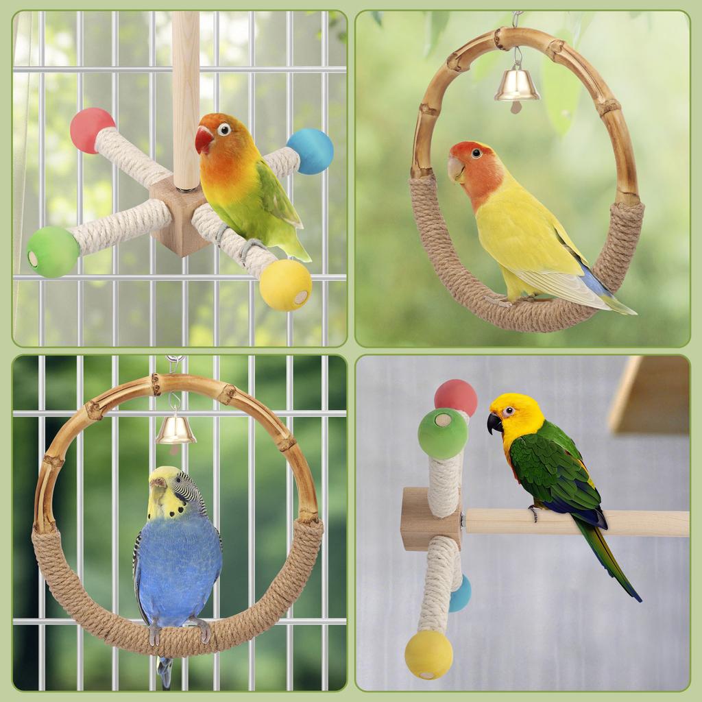 2Pcs Bird Standing Toy Set 360° Rotatable & Bell Wooden Interactive Spinning Parakeet Toys for Bird Cage Accessories NEW