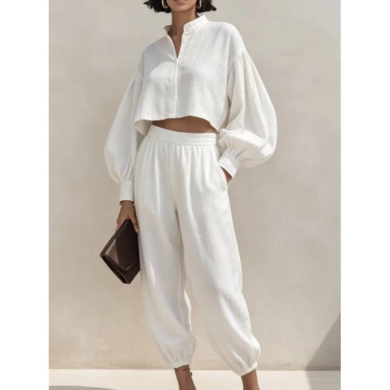 2026 Womens Relaxed Linen Cotton Short Top Elastic Waist Lantern Pants Set Casual Outfit