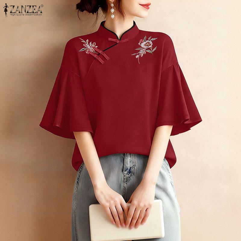 ZANZEA Women Stand Collar Casual Embroidery Loose Short Sleeve Blouse