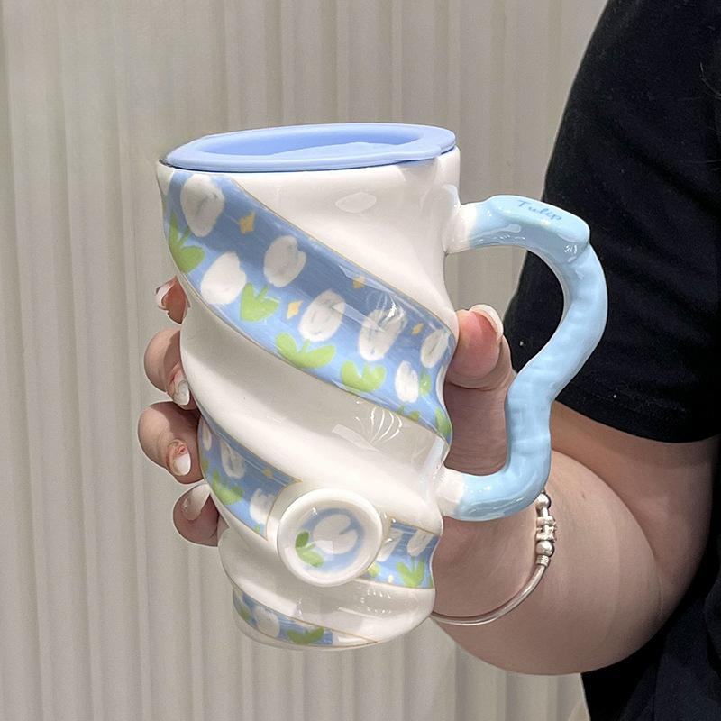Small Fresh Ceramic Casual Cup with Lid Large Capacity and High Appearance Girls' Mug Cold Drink High Cup Milk Tea Cup
