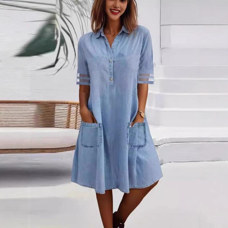 Mesh Patchwork Solid Color Denim Short Sleeved Dress