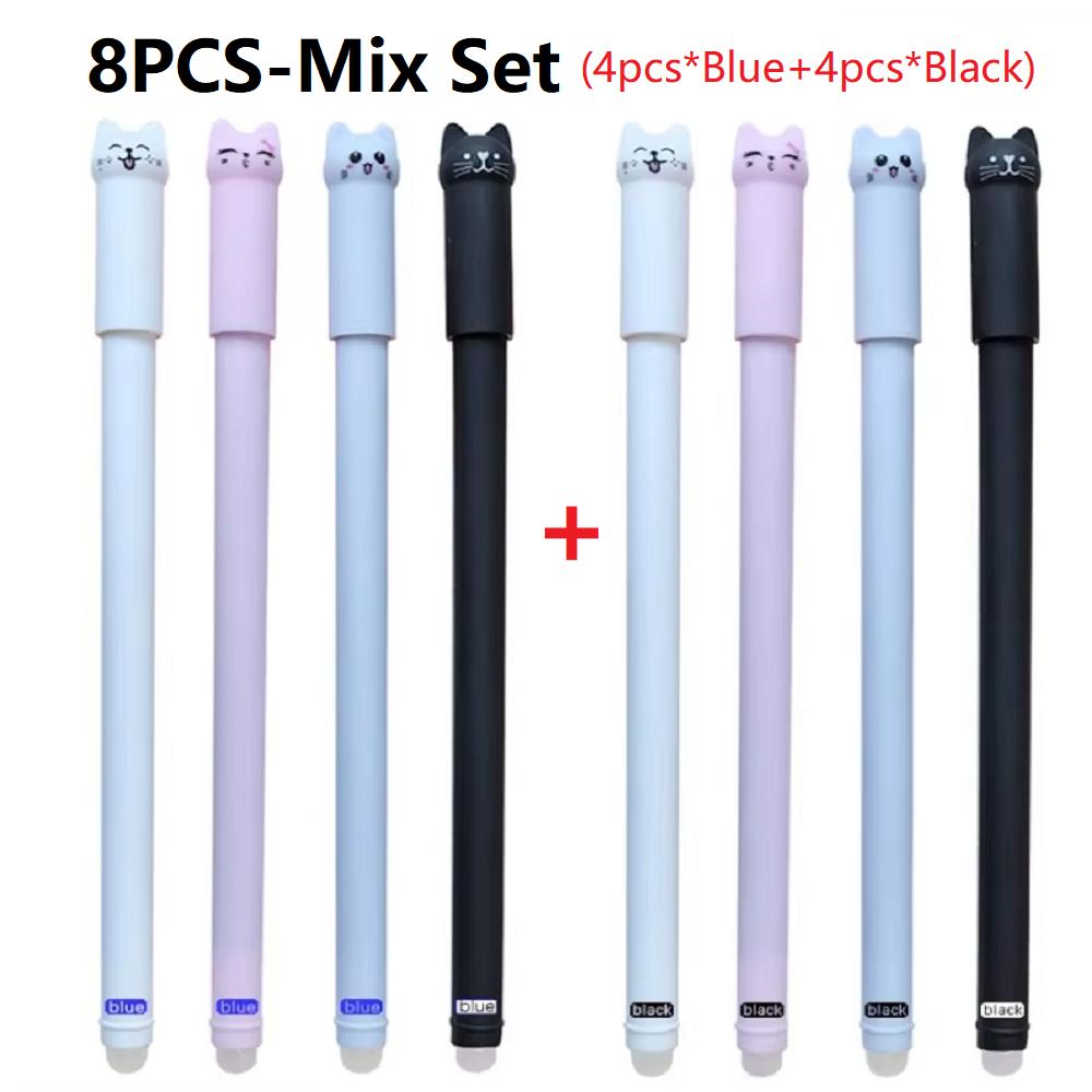 4-12PCS Cute Cat Pens Kawaii Erasable Gel Pens Set 0.5mm Blue/Black Ink Ballpoint Pens School Office Supplies Writing Stationer