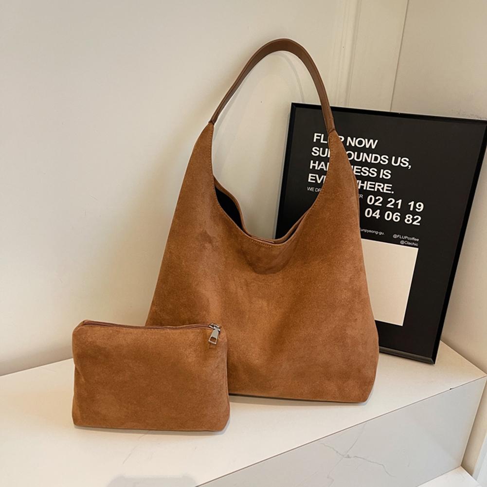 Women Suede Shoulder Bag Retro Single Shoulder Bag Solid Color Simple Tote Handbag Vintage Hobo Bag Outdoor Travel Bag