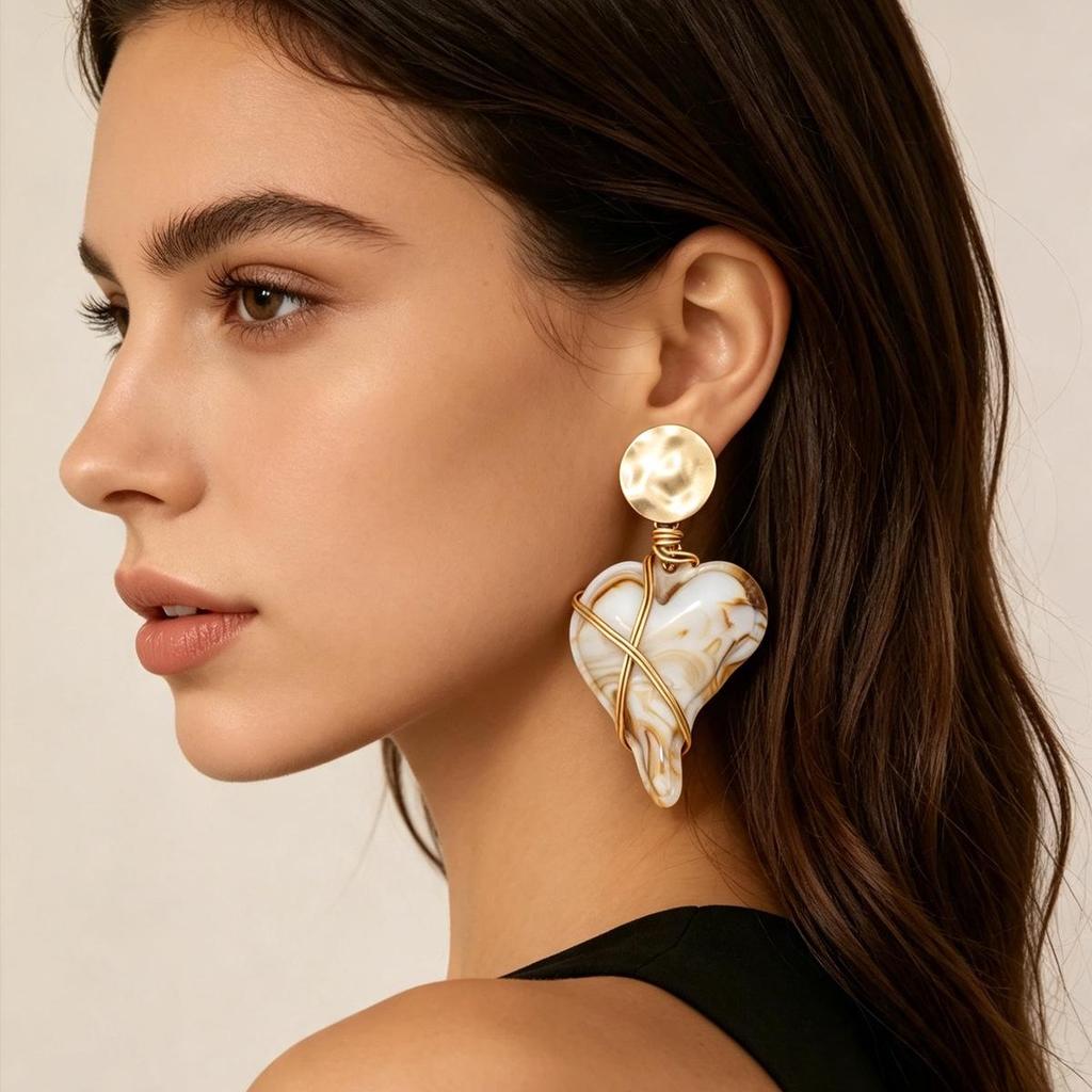 Vintage Heart Earrings: Stylish Light Luxury European & American Design with Off-white Brown Heart-shaped Studs