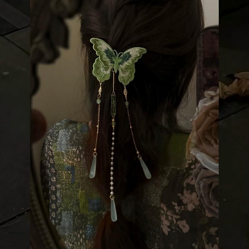 New Chinese green butterfly fringed hairpin female retro elegant national style Hanfu duck bill clip light luxury high-end hair accessories