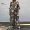 Herbst Sommer Damen Kleid Blumendruck Locker Neunte Ärmel mit Manschettenknöpfen V-Ausschnitt Seitentaschen Täglich Langes Kleid Lässiges Maxikleid