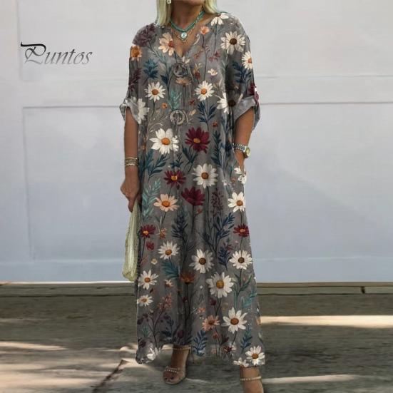 Herbst Sommer Damen Kleid Blumendruck Locker Neunte Ärmel mit Manschettenknöpfen V-Ausschnitt Seitentaschen Täglich Langes Kleid Lässiges Maxikleid