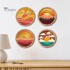Living Room Wall Aesthetic 4Pcs Boho Sunset Art, Abstract Landscape Round Hanging Ornaments, Interior Design Soft Furnishings Wooden Decor for Bedroom
