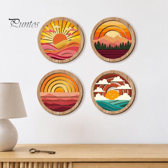 Living Room Wall Aesthetic 4Pcs Boho Sunset Art, Abstract Landscape Round Hanging Ornaments, Interior Design Soft Furnishings Wooden Decor for Bedroom