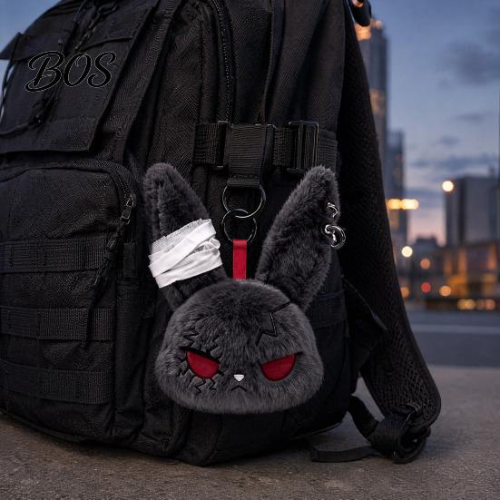Stress Relief Plush Doll with Metal Hanging Loop, Dark Style Rabbit Pendant Bandage Stitched Keychain Toy, Funny Expression Doll, Collectible Toy Loop