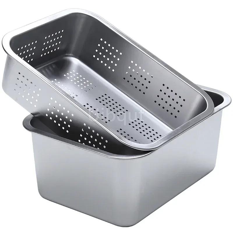 304 Tablett Edelstahl Aufbewahrungsschalen Leckplatte Loch Maschensieb Sieb Waschen Gemüse Becken Trocknen Wasserfilter Becken Deckel