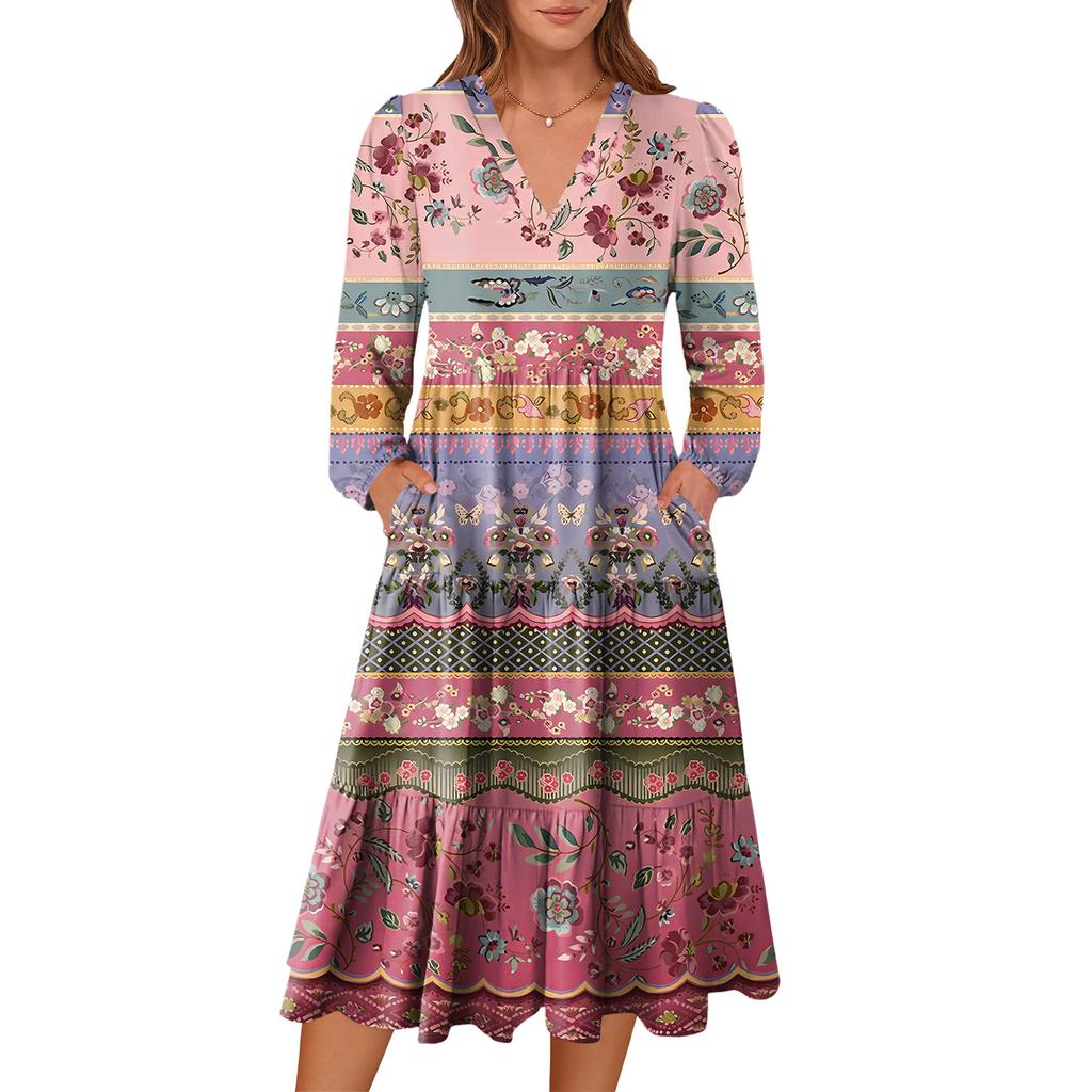 Damen V-Ausschnitt Fließendes Bohemian Langarm Blumenprint Kleid