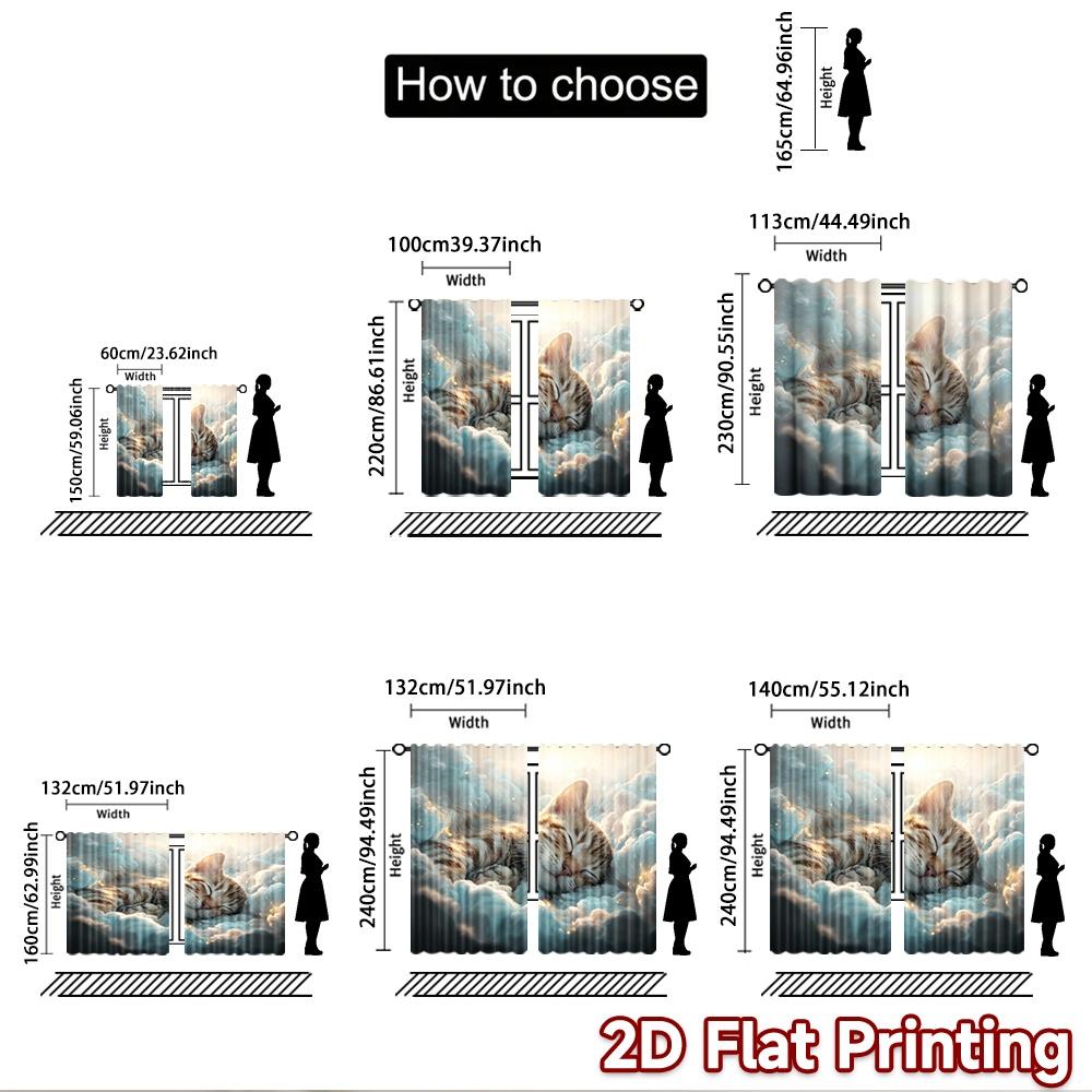 2D flat printing 2pcs Window Curtains Cute Cat Sleeping Peaceful Clouds Digital Printed Polyester Drapes Birthday Party Use for