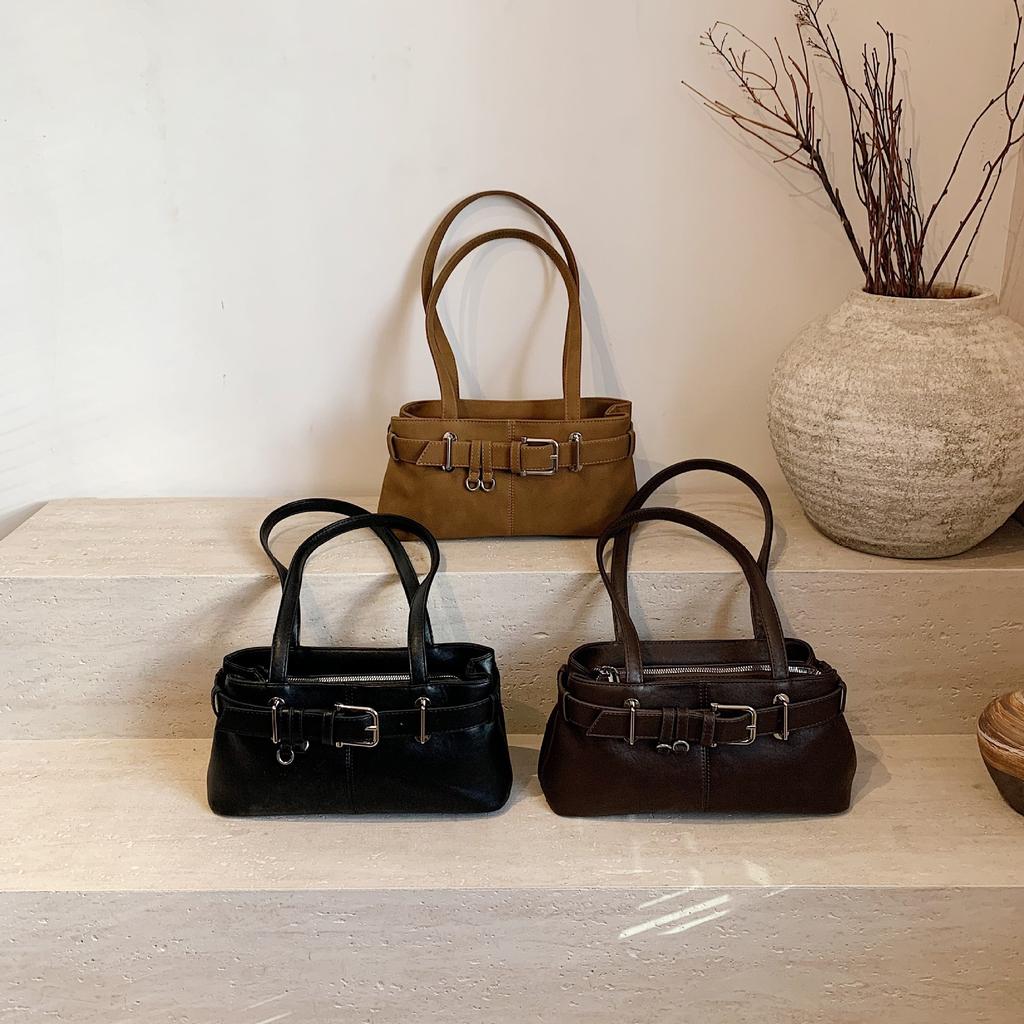 Vintage Textured Tote Bag Casual Versatile Belt Buckle Shoulder Bag Niche Design European and American Commuter Bag Cross-Border