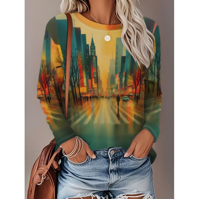 Womens Loose Fit Long Sleeve Round Neck Tee With 3D Peacock Cat Print - Milk Silk Fabric 2025 Casual Top