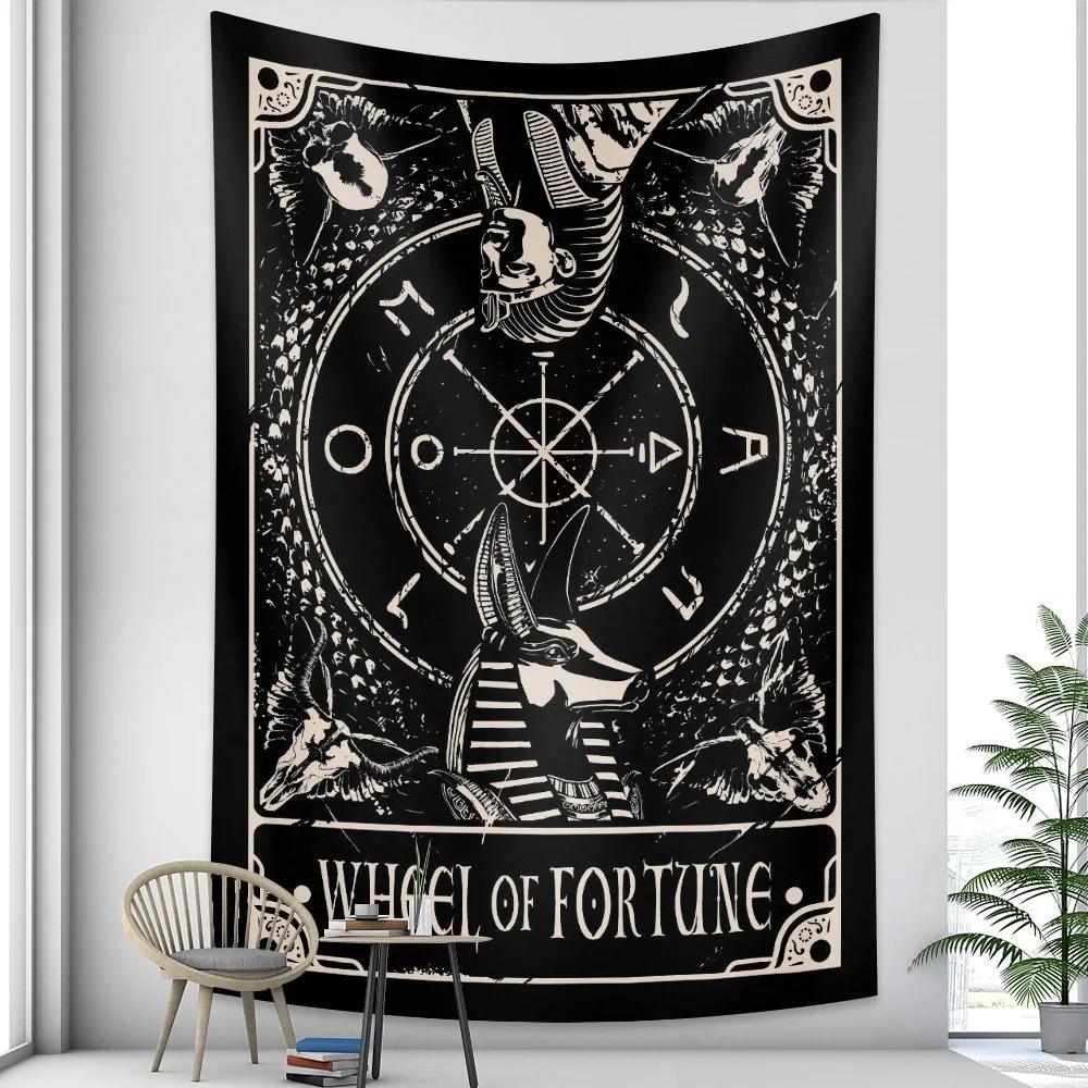 Wheel of Fortune Tarot Tapestry Egyptian Anubis Wall Hanging Vintage Occult Art for Bedroom Witchy Decor