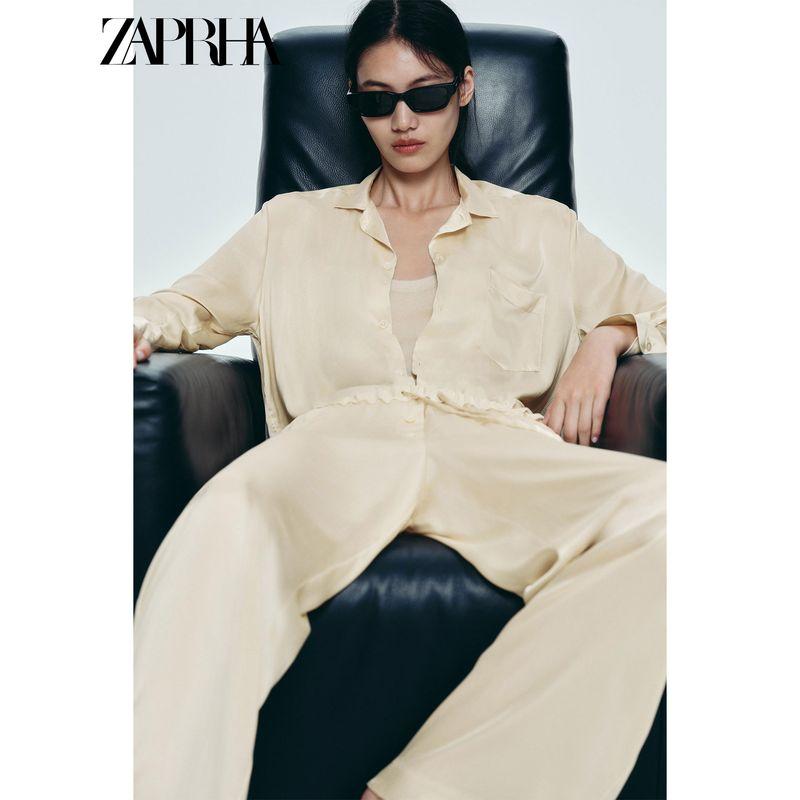 Zaprha 2025 Summer New Women Clothes French Style Fashion Satin Long Sleeve Pocket Decoration Lapel Shirts 7823147