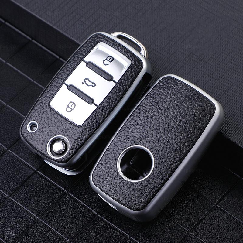 Leather+TPU Car Remote Key Cover Case Fob For Volkswagen VW Bora Polo Tiguan Jetta Passat B5 B6 B7 Golf Beetle For Skoda Octavia