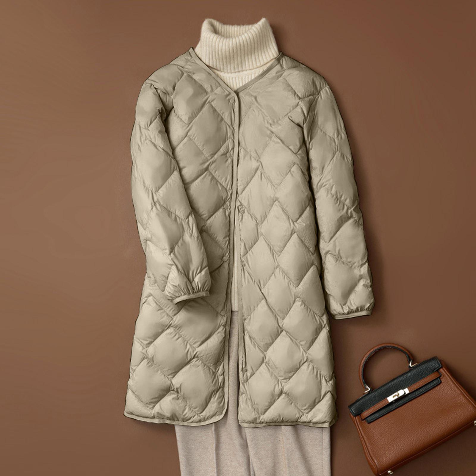 

Женская однотонная куртка средней длины / зимняя с длинным рукавом и V-образным вырезом XL хаки