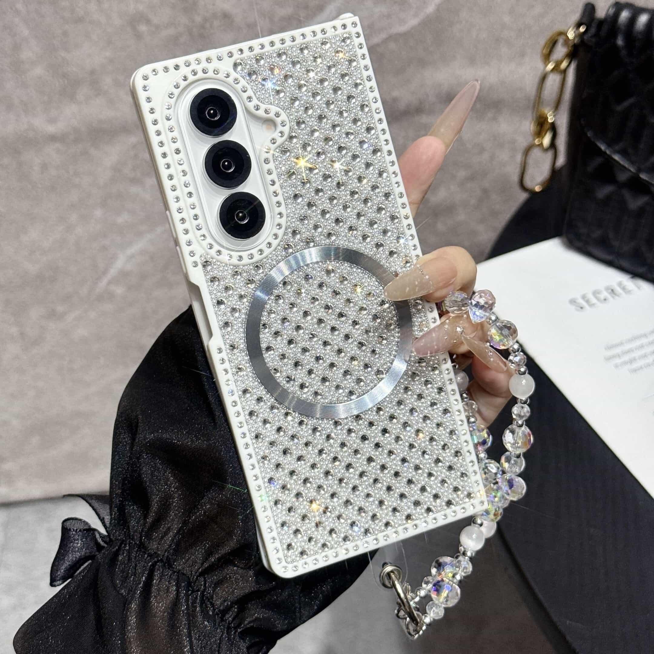 Case for Samsung Galaxy Z Fold 7 6 5 4 3 Magsafe Compatible Crystal Decor Beaded Wrist Strap Shockproof Cover Phone Bumpers Samsung Z Fold7