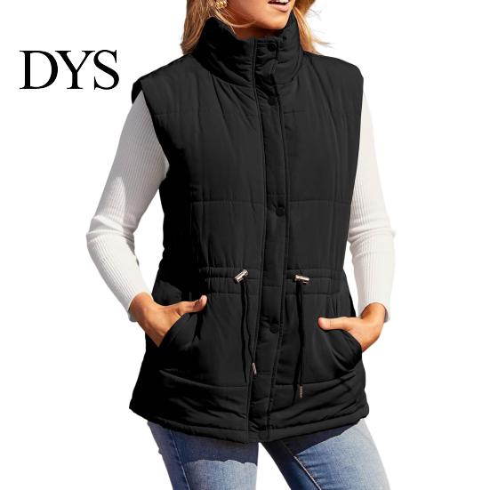 Winter Waistcoat Women Vest Coat Thickened Padded Button Closure Stand Up Collar Sleeveless Drawstring Tight Waist Solid Color Windproof Heat