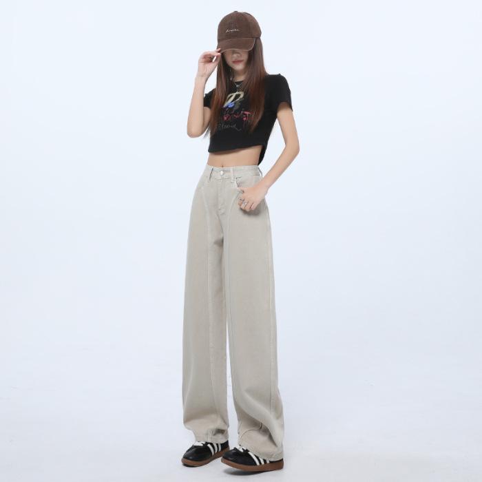 

Khaki Women s Wide-Leg Jeans: Slim, Hip-Covering Straight Fit for Spring & Autumn XXL