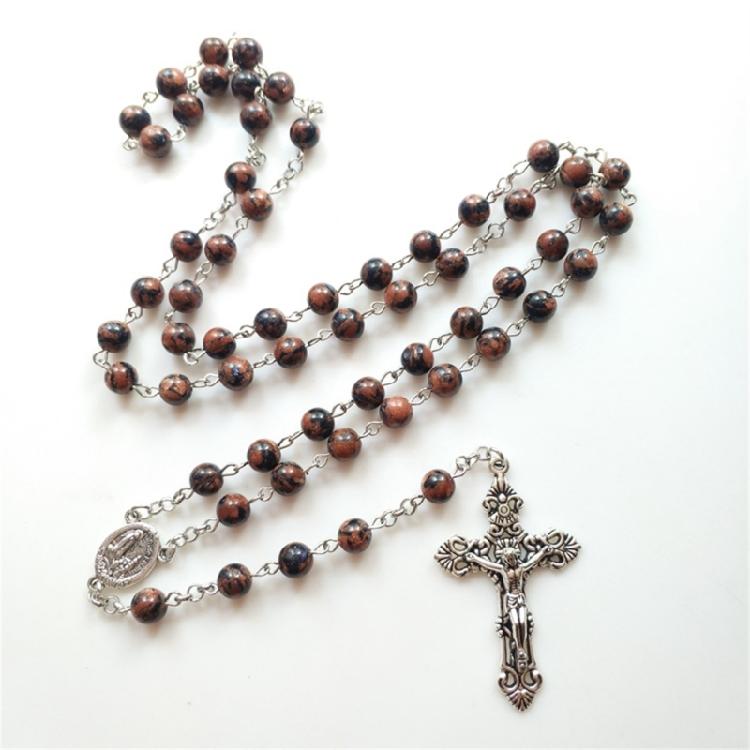 Rosary Crucifix Cross Necklace Natural Flower Sand Beads Catholic Jewelry Gift