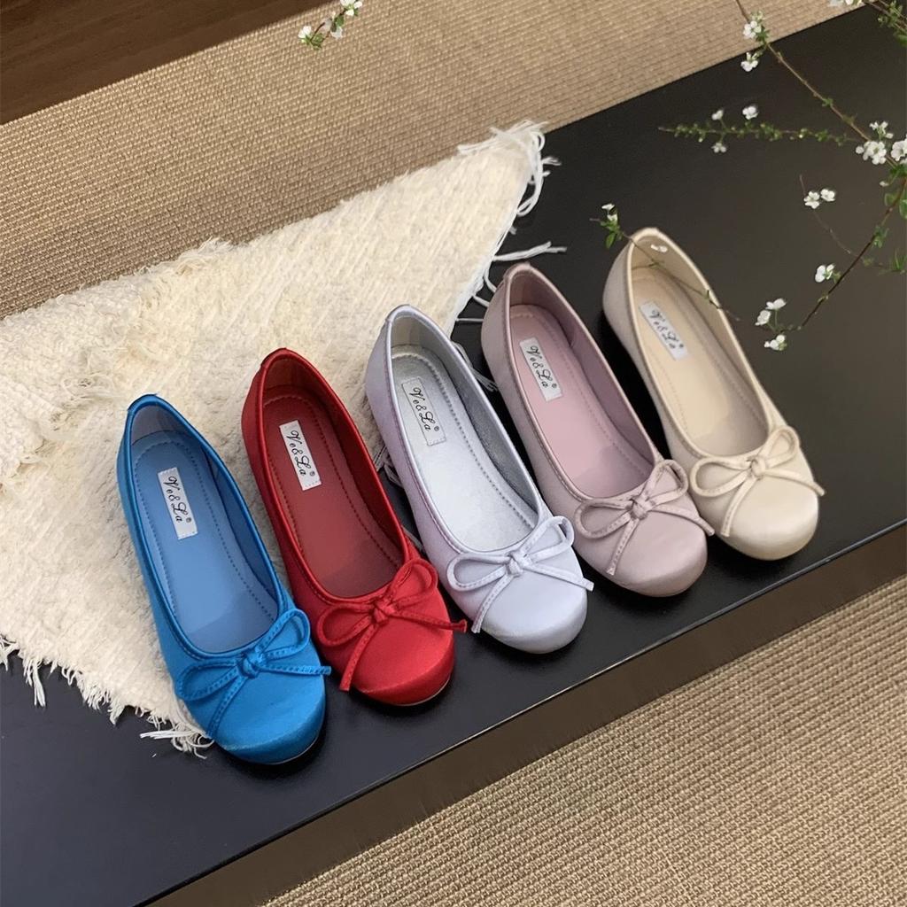 Red shallow single shoes female spring new French retro gentle fairy wind round head ballet flat beanie shoes